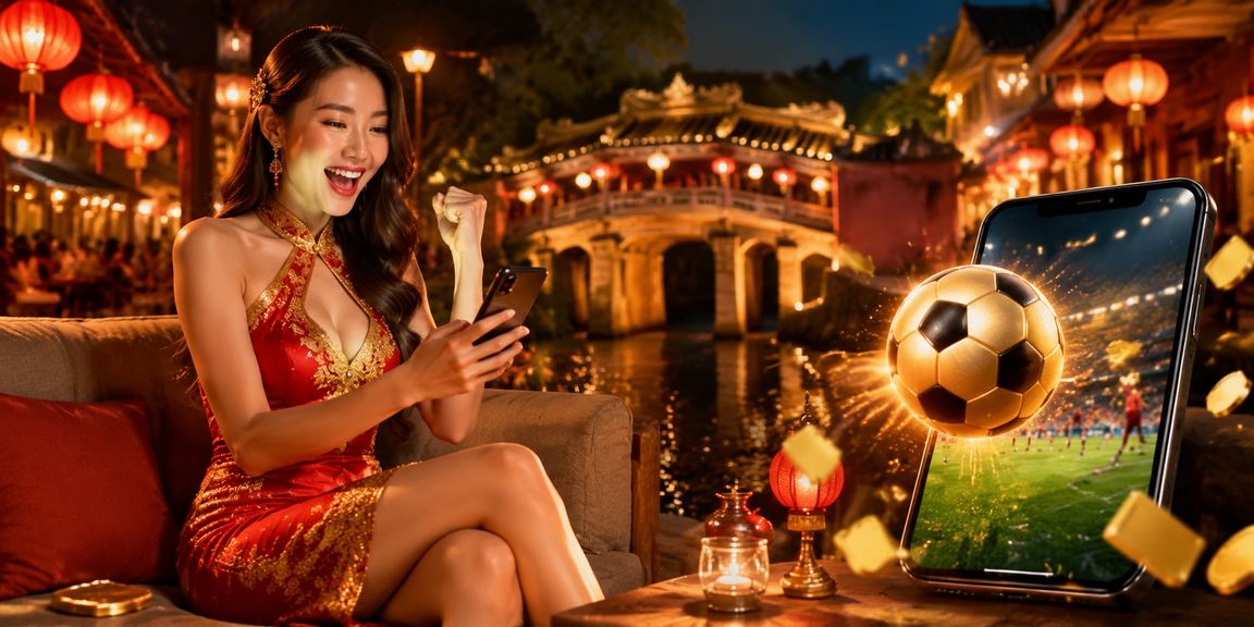 Người chơi xem kèo bóng đá tại chợ đêm Hội An trên điện thoại