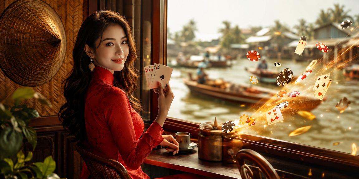 Người chơi bài mặc áo dài truyền thống tại vùng sông Mekong trong dịp lễ hội